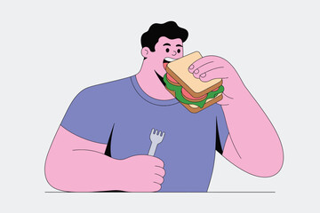 Illustration of man eating sandwich with lettuce and tomato for lunch break time