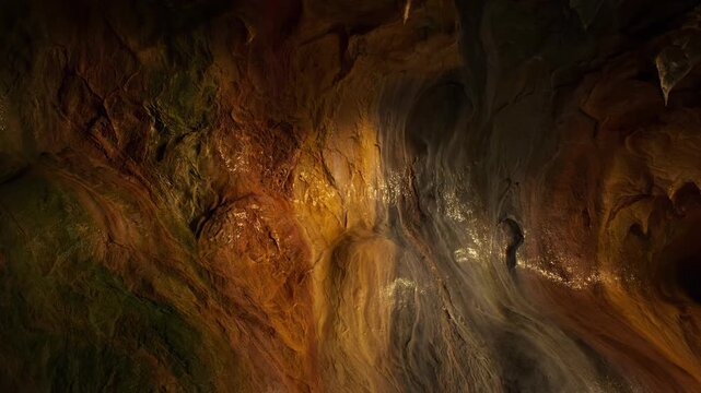 A dark underground limestone cavern features a natural rock formation of stalactites and stalagmites within a deep mountain grotto