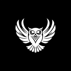 Symmetrical White Owl Mascot with Open Wings Logo on Black Vector