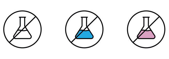 Chemical free icons for safe science and eco friendly practices, no toxic waste, laboratory safety, environmental awareness, colorful beakers with line