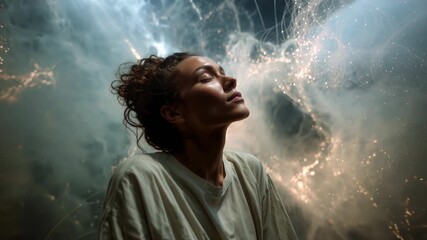 Peaceful woman with eyes closed in a state of deep meditation and tranquility, surrounded by ethereal smoke and glowing particles of light representing spiritual enlightenment and mindfulness