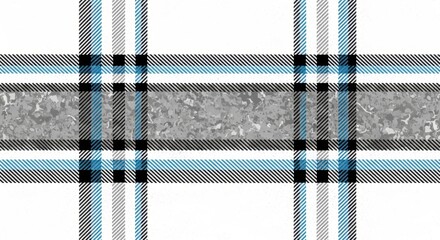 Traditional tartan pattern design featuring intersecting bands of blue, black, white, and gray accents with a textured horizontal stripe