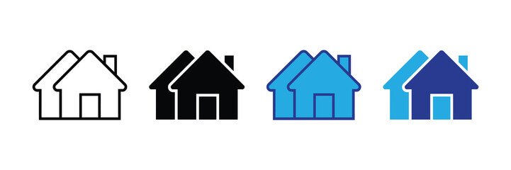 Collection of house icons in various styles: outline, solid black, bright blue, and dark blue for digital and print media.