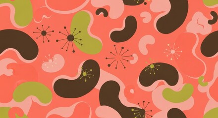 Retro atomic age seamless pattern featuring organic shapes and starburst elements
