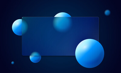 Frosted glass morphism shapes with soft blur and 3D spheres form modern blue UI card. Transparent geometric glassmorphism panel. Glossy futuristic banner for clean app screens and digital layouts