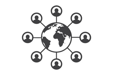 Two faceless people communicate across a dark grey world, connecting globally