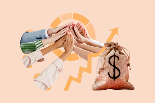 Trend sketch 3d photo collage of human hands teamwork high five cooperation deal money dollar arrow progress development