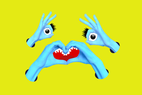 Sketch composite art banner collage of human hands show heart affection gesture emoji eyeball stare valentine day media expression