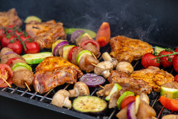 Vegetables and meat are grilled. Selective focus.