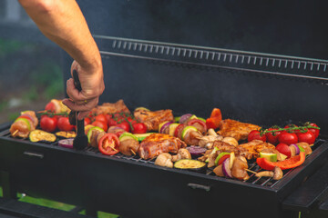Vegetables and meat are grilled. Selective focus.