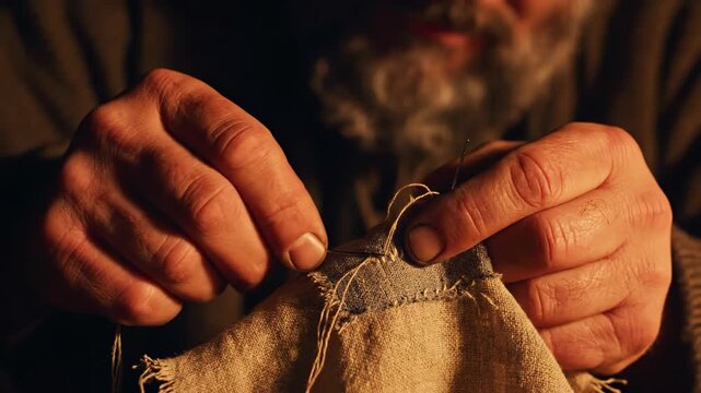 In a warm, inviting workshop, skilled hands focus on repairing a beloved piece of fabric.