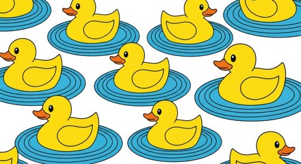 Repeating pattern featuring bright yellow bath toys floating on blue water rings