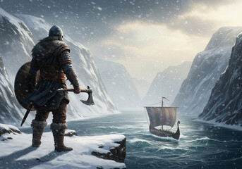 Determined Viking Warrior Overlooking a Longship Sailing Through a Snowy Winter Fjord