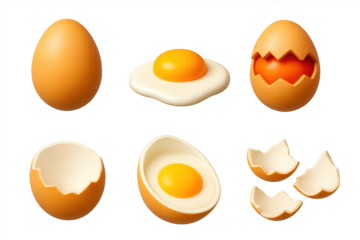 Series of eggs, some of which are cracked open and others still intact