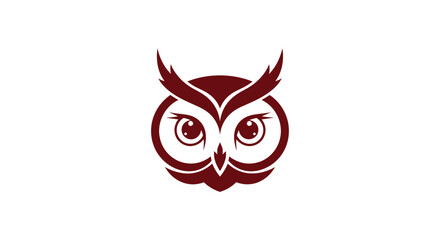 Stylized owl head with large eyes and feathered tufts, maroon color.