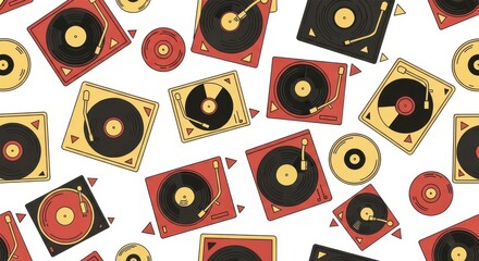 Stylized pattern featuring various audio playback devices and circular music discs scattered across a white background