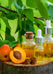 Apricot kernel oil in a bottle. Selective focus.
