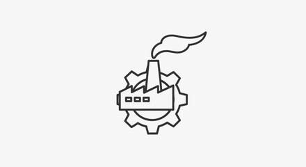 Minimalist line art icon of a factory with a smokestack inside a large gear, representing industry.