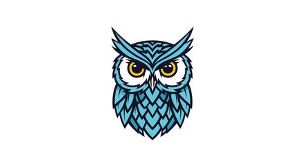 A stylized illustration of a blue owl with sharp yellow eyes and detailed feathers.
