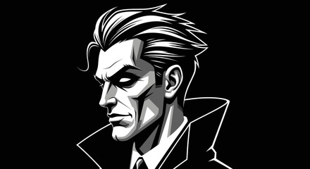 A striking black and white illustration of a stern-faced man with slicked-back hair, in a coat.