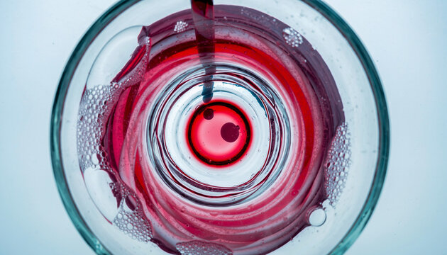 Close-up top view of dark red liquid swirling into a clear glass creating abstract patterns with bubbles and reflections under bright studio lighting