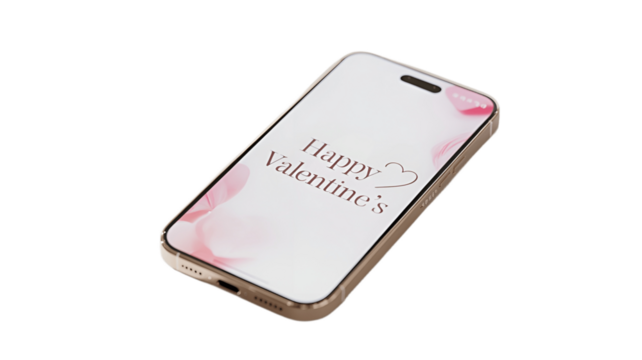 A Valentine's day themed smartphone with the text Happy Valentine's on the screen.