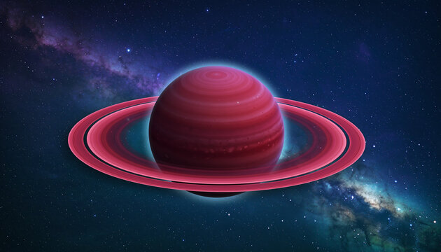 Vibrant Red Ringed Planet With Swirling Clouds Set Against A Starry Milky Way Galaxy Background With Deep Blue Hues And Purple Nebula Accents Creating A Sense Of Cosmic Wonder And Exploration