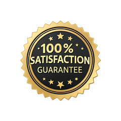 A golden seal with stars and one hundred percent satisfaction guarantee text inside it