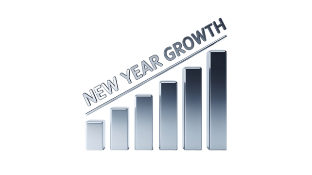 A graphic representing New Year Growth with a rising bar chart.