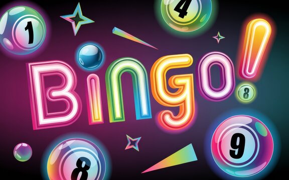 Bright and colorful bingo balls and word art on a dark background