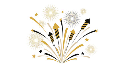 Festive fireworks display with gold and black rockets and stars