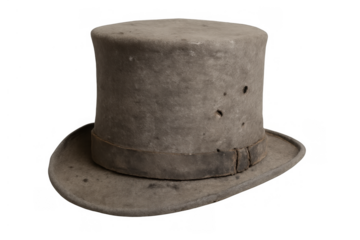 Vintage weathered gray top hat with holes and worn band, representing historical artifact, old fashion, and period style