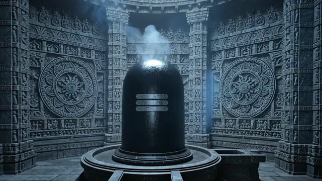 Black polished Shiva Linga glowing under bluish ambient light inside a grand mandala-carved temple chamber