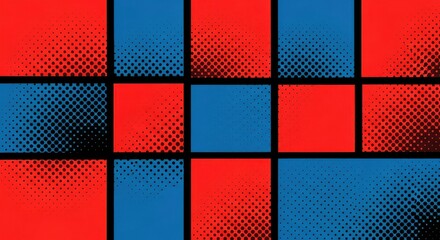 Geometric composition displays contrasting primary colors with a halftone dot texture pattern