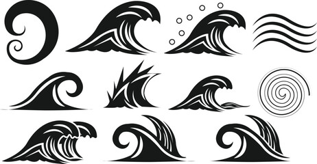 Fototapeta premium Collection of stylized black and white ocean wave illustrations and designs