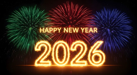 Bright neon 2026 numbers celebrate new year with fireworks display