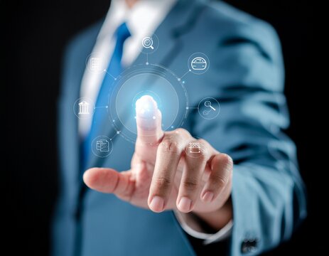 TRANSFORMATION. Organizational change. Manager using modern interface implementing digital transformation. Process innovation, strategy realignment, technology adoption, and efficiency improvement - Powered by Adobe