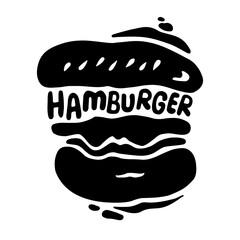 Fresh and fluffy hamburger with a signature. Vector black and white illustration, in the style of a logo, on a white isolated background