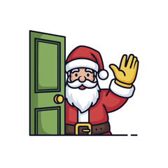 Cheerful cartoon Santa Claus waving hello at the door.