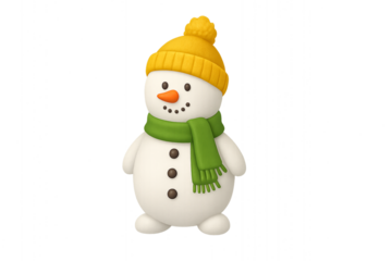 Festive snowman with yellow hat and green scarf isolated PNG, winter holiday season decoration on transparent background
