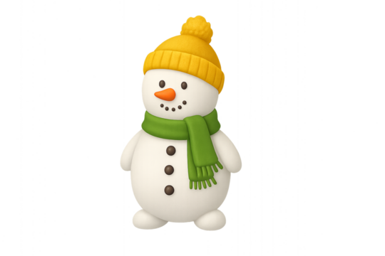 Festive snowman with yellow hat and green scarf isolated PNG, winter holiday season decoration on transparent background