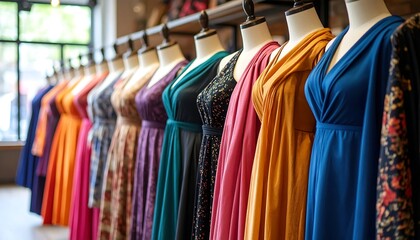 Colorful dresses displayed for sale in a boutique setting showcasing various styles and fabrics