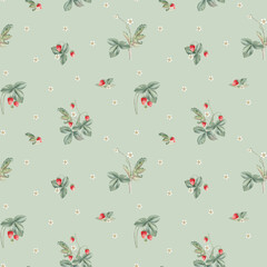 Botanical, kids style seamless pattern with wild strawberry flowers and berries on a white background. Background for children's room decor, wallpaper. Hand drawn illustration woodland strawberries.