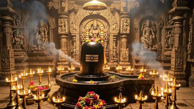 Shiva Linga surrounded by glowing brass lamps inside a richly carved temple sanctum with mystical warm aura