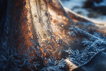 A close-up of delicate lace fabric shimmering with golden light and frosty blue embroidery, creating an ethereal winter glow.