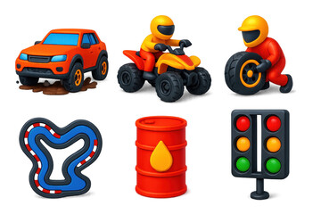 Fototapeta premium Collection of cartoon characters and vehicles, including a race car, a truck