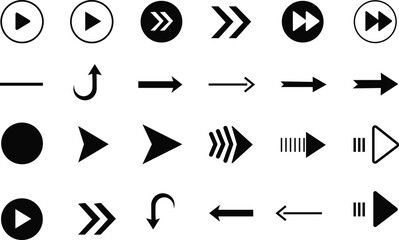Collection of diverse black arrow icons and play buttons on white background