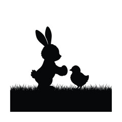 Easter bunny and chick silhouette in grass