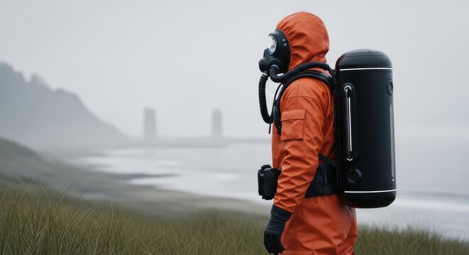 Explorer in an orange suit near the shore with a unique backpack on a foggy day