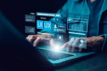 Futuristic UI UX design concept with digital holographic interface and AI data visualization on tablet, showing innovation in user experience, web design, and technology development.